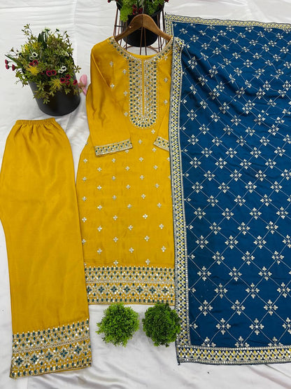 Flattering Yellow Color Chinnon Silk Salwar Suit