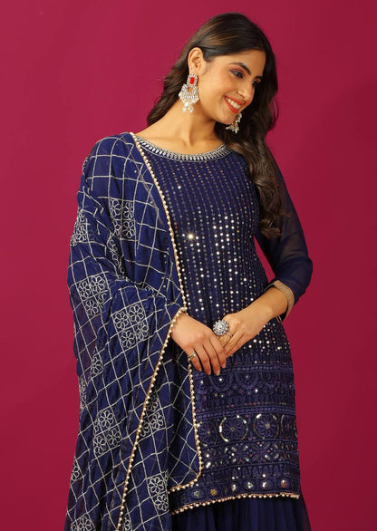 Fashionable Georgette Blue Color Sharara Suit