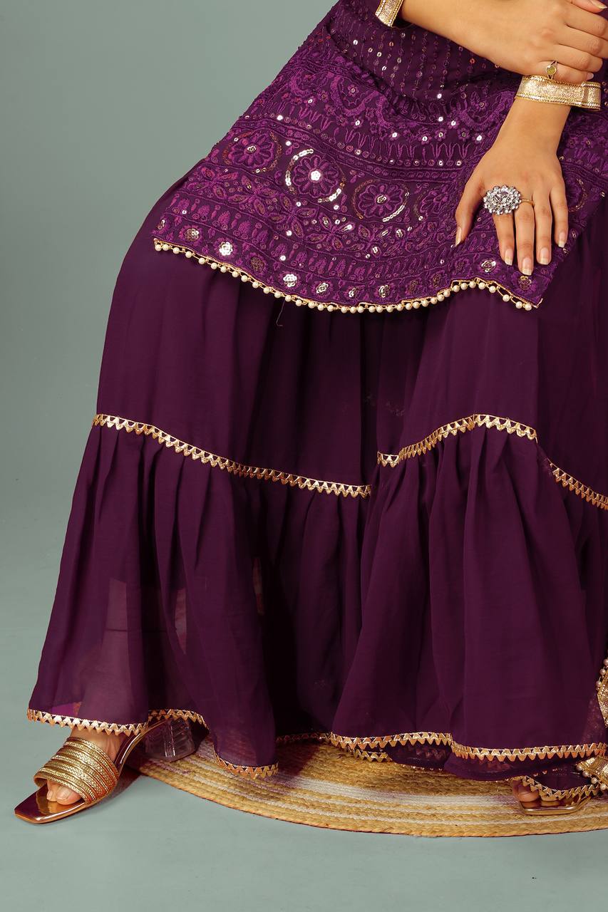 Fashionable Georgette Wine Color Sharara Suit