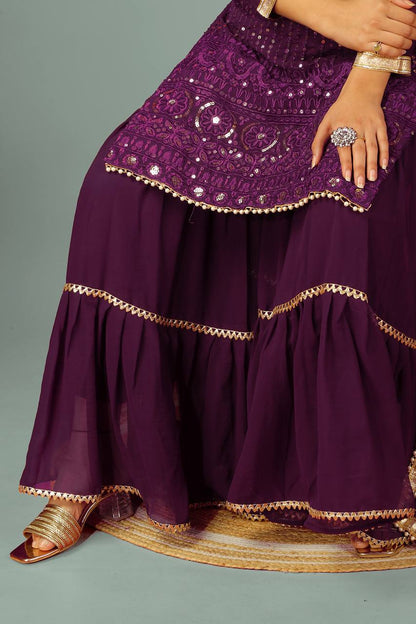 Fashionable Georgette Wine Color Sharara Suit
