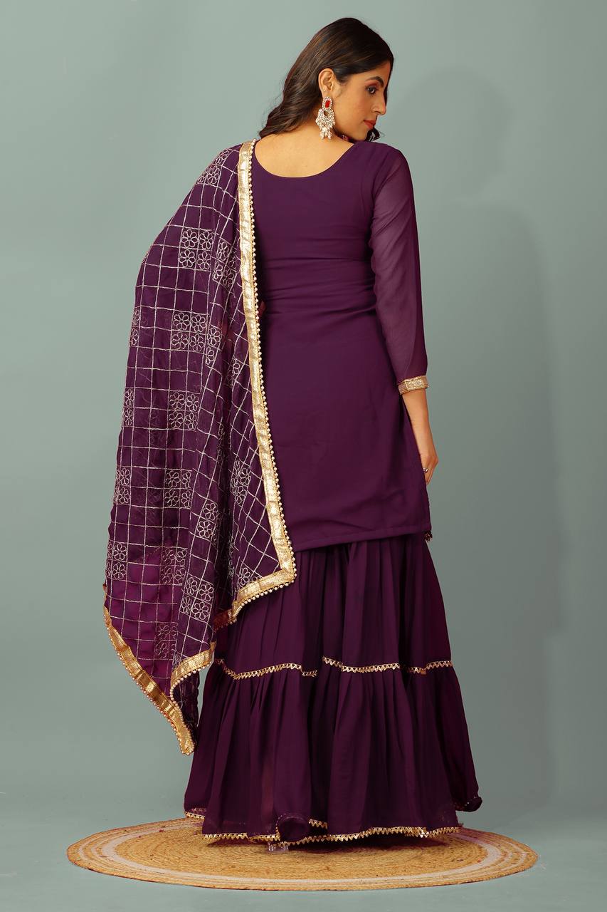 Fashionable Georgette Wine Color Sharara Suit