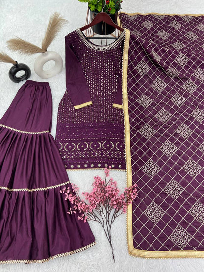 Fashionable Georgette Wine Color Sharara Suit