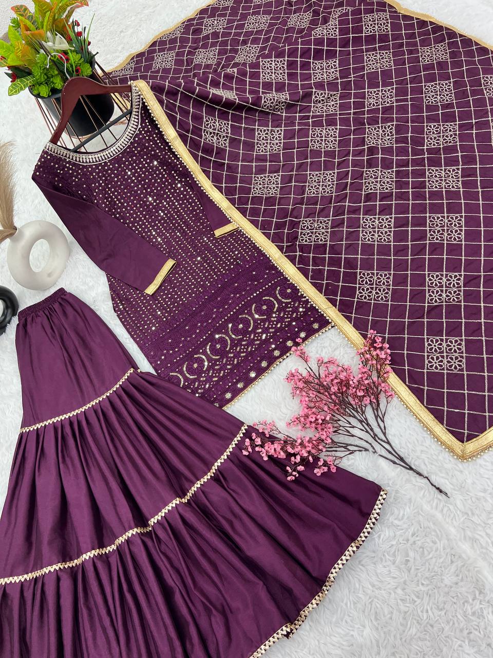 Fashionable Georgette Wine Color Sharara Suit