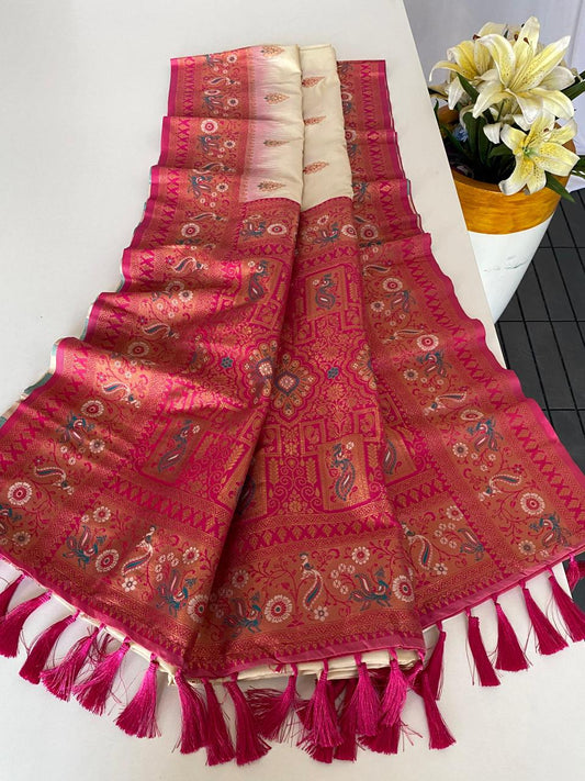 Ravishing Paithani Silk Cream Color Zari Weaves Saree