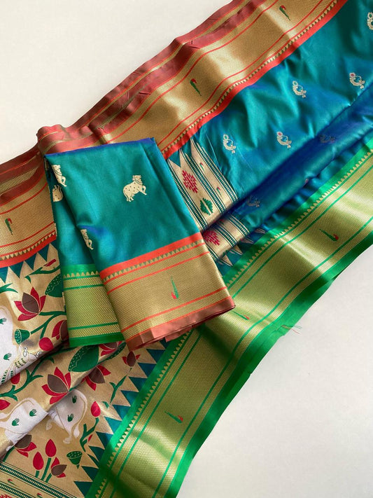 Graceful Paithani Weaving Teal Blue Color Saree