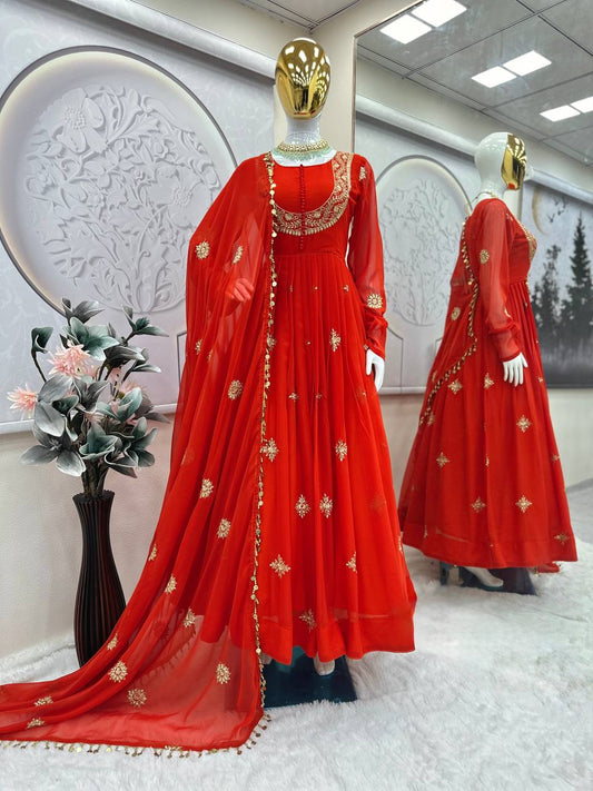Wonderful Georgette Sequins Work Orange Color Gown