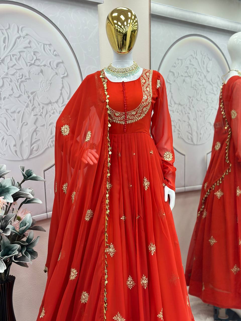 Wonderful Georgette Sequins Work Orange Color Gown