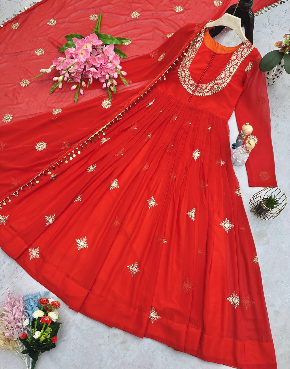 Wonderful Georgette Sequins Work Orange Color Gown