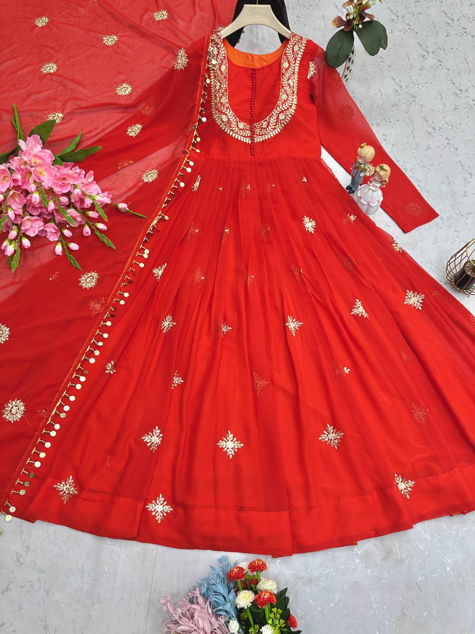 Wonderful Georgette Sequins Work Orange Color Gown