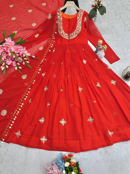 Wonderful Georgette Sequins Work Orange Color Gown