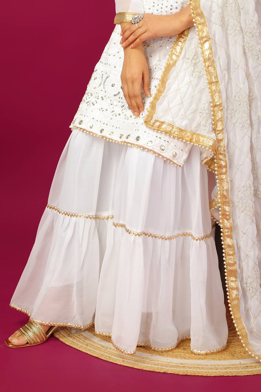 Fashionable Georgette White Color Sharara Suit