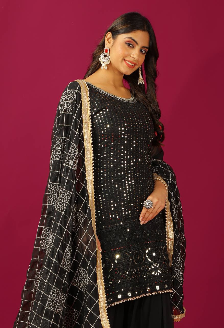 Fashionable Georgette Black Color Sharara Suit