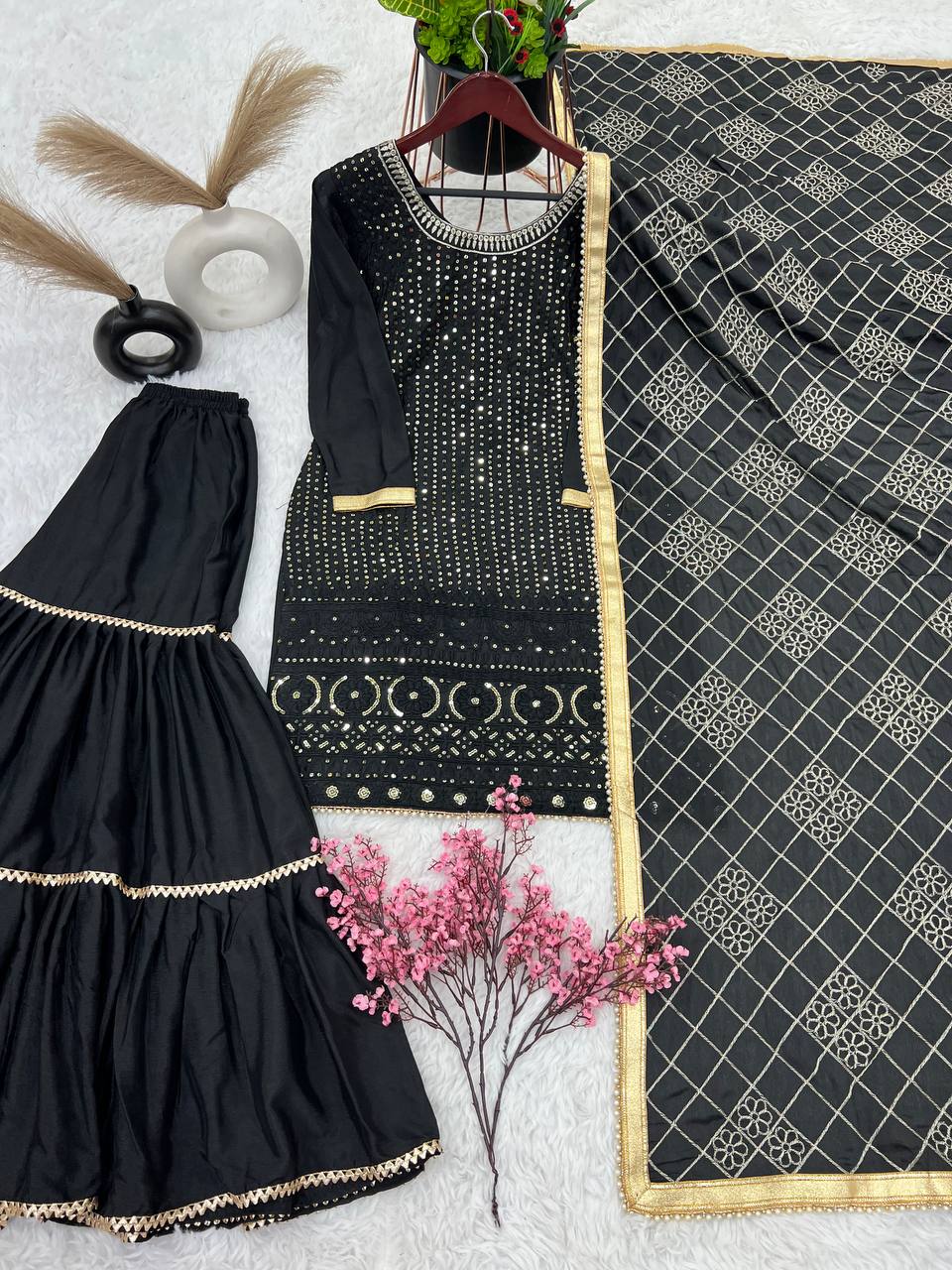 Fashionable Georgette Black Color Sharara Suit