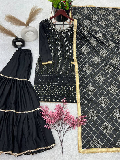 Fashionable Georgette Black Color Sharara Suit