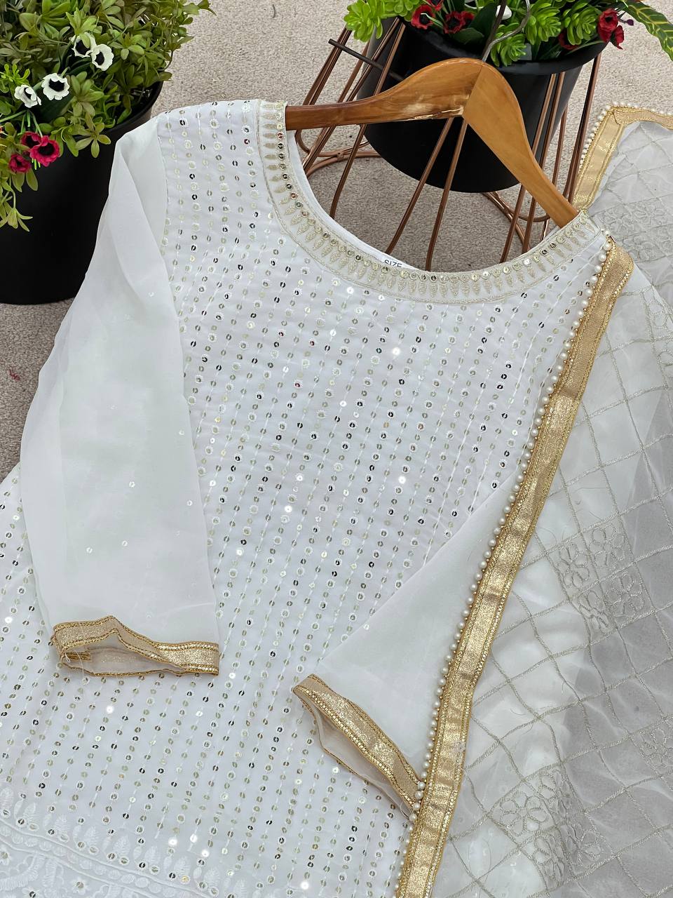 Fashionable Georgette White Color Sharara Suit