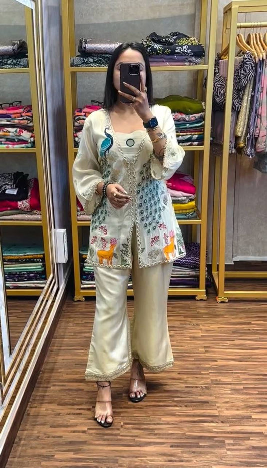 Ravishing Simmer Silk Embroidery Cream Color Palazzo Suit
