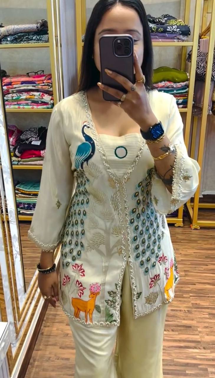 Ravishing Simmer Silk Embroidery Cream Color Palazzo Suit