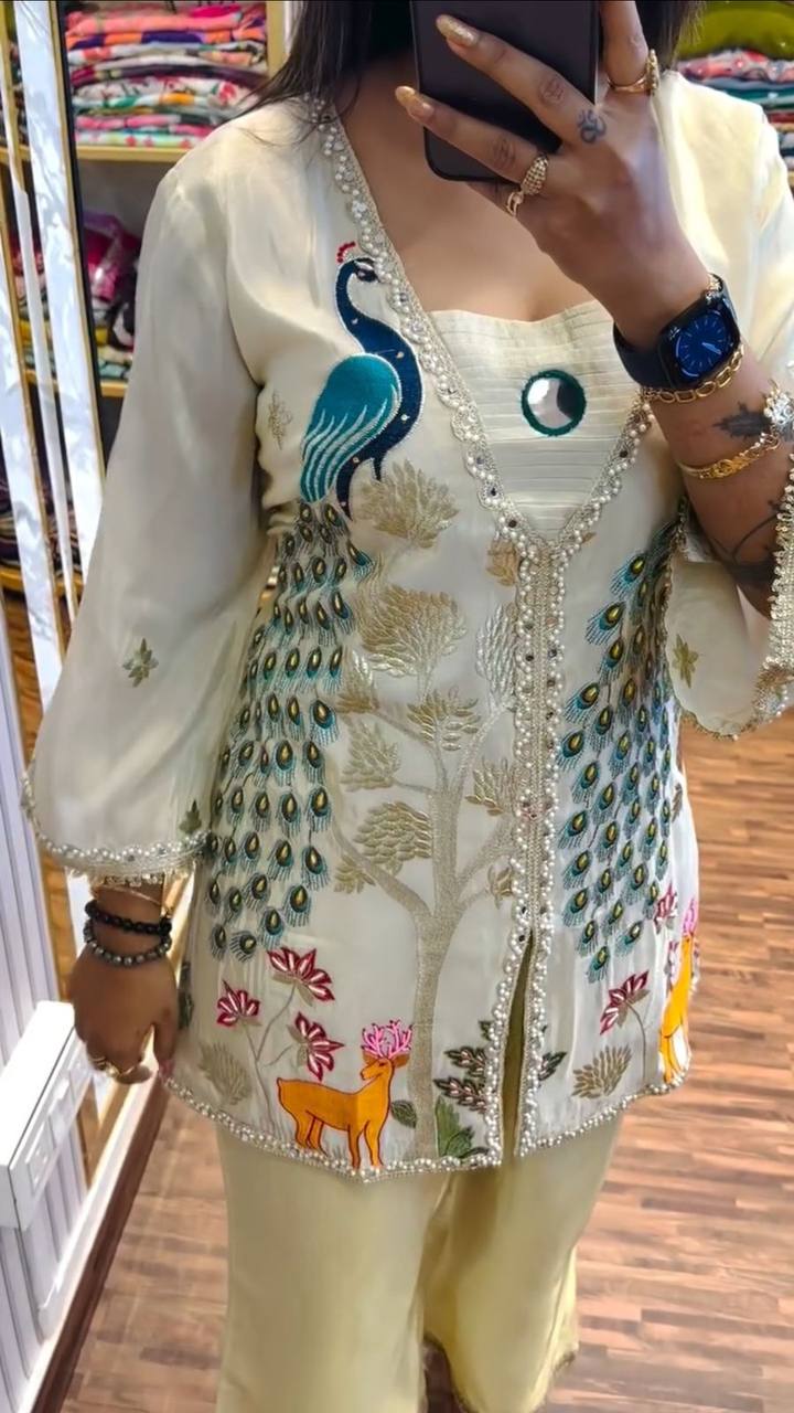 Ravishing Simmer Silk Embroidery Cream Color Palazzo Suit