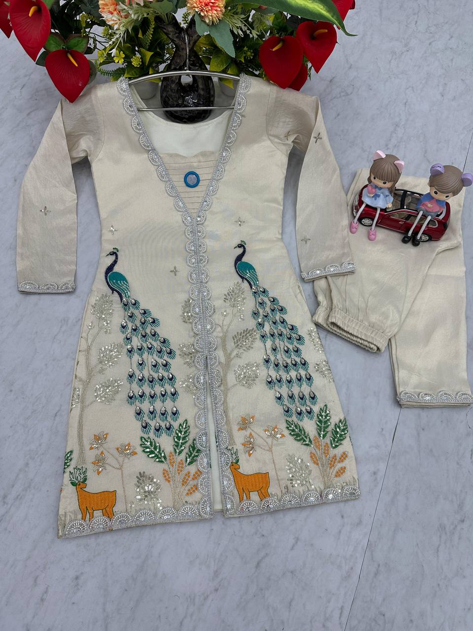 Ravishing Simmer Silk Embroidery Cream Color Palazzo Suit