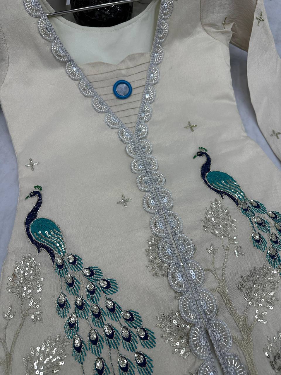 Ravishing Simmer Silk Embroidery Cream Color Palazzo Suit