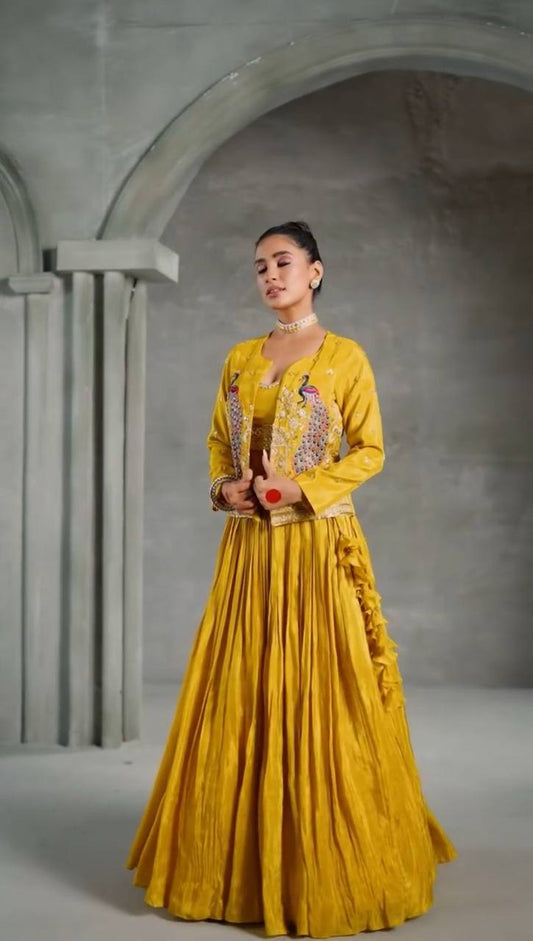 Presenting Chinon Yellow Color Lehenga Choli With Koti