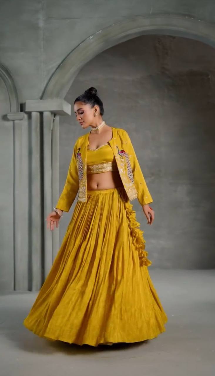 Presenting Chinon Yellow Color Lehenga Choli With Koti