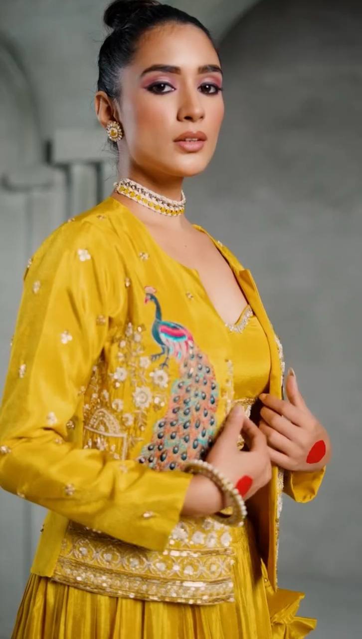 Presenting Chinon Yellow Color Lehenga Choli With Koti