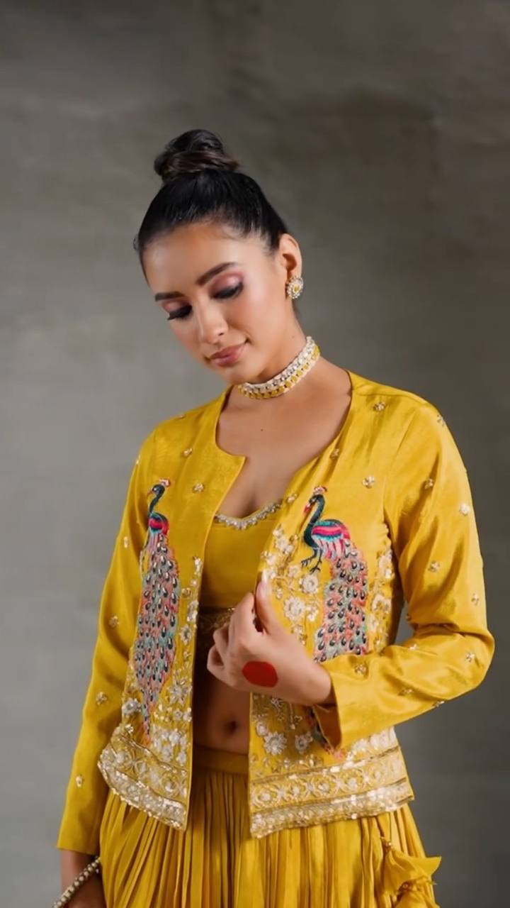 Presenting Chinon Yellow Color Lehenga Choli With Koti