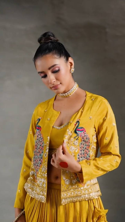 Presenting Chinon Yellow Color Lehenga Choli With Koti