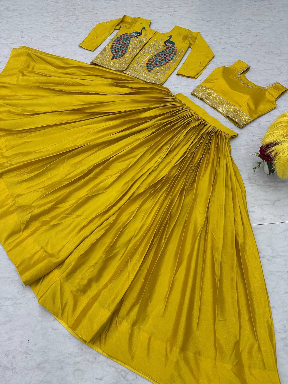Presenting Chinon Yellow Color Lehenga Choli With Koti