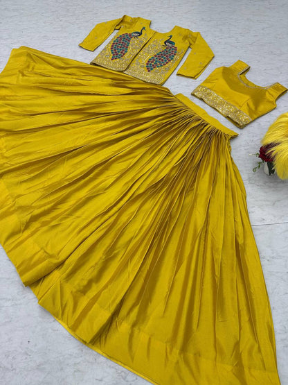 Presenting Chinon Yellow Color Lehenga Choli With Koti