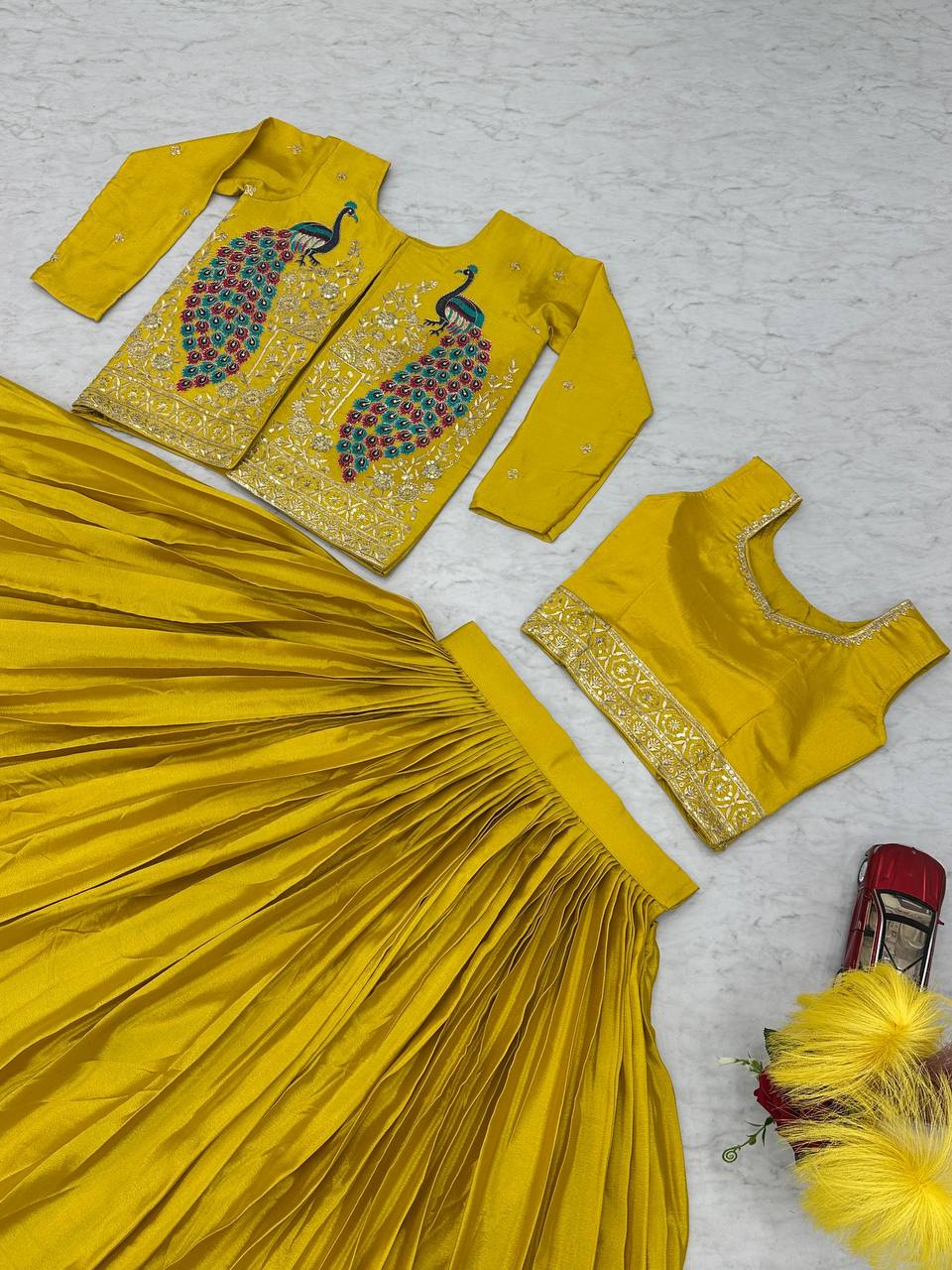 Presenting Chinon Yellow Color Lehenga Choli With Koti