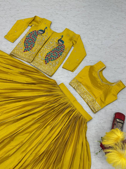 Presenting Chinon Yellow Color Lehenga Choli With Koti