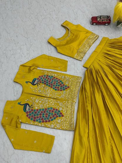 Presenting Chinon Yellow Color Lehenga Choli With Koti