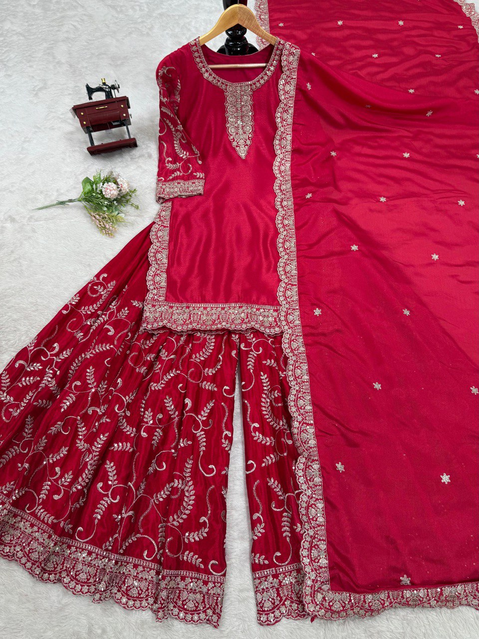 Elegant Red Color Chinon Silk Sharara Suit