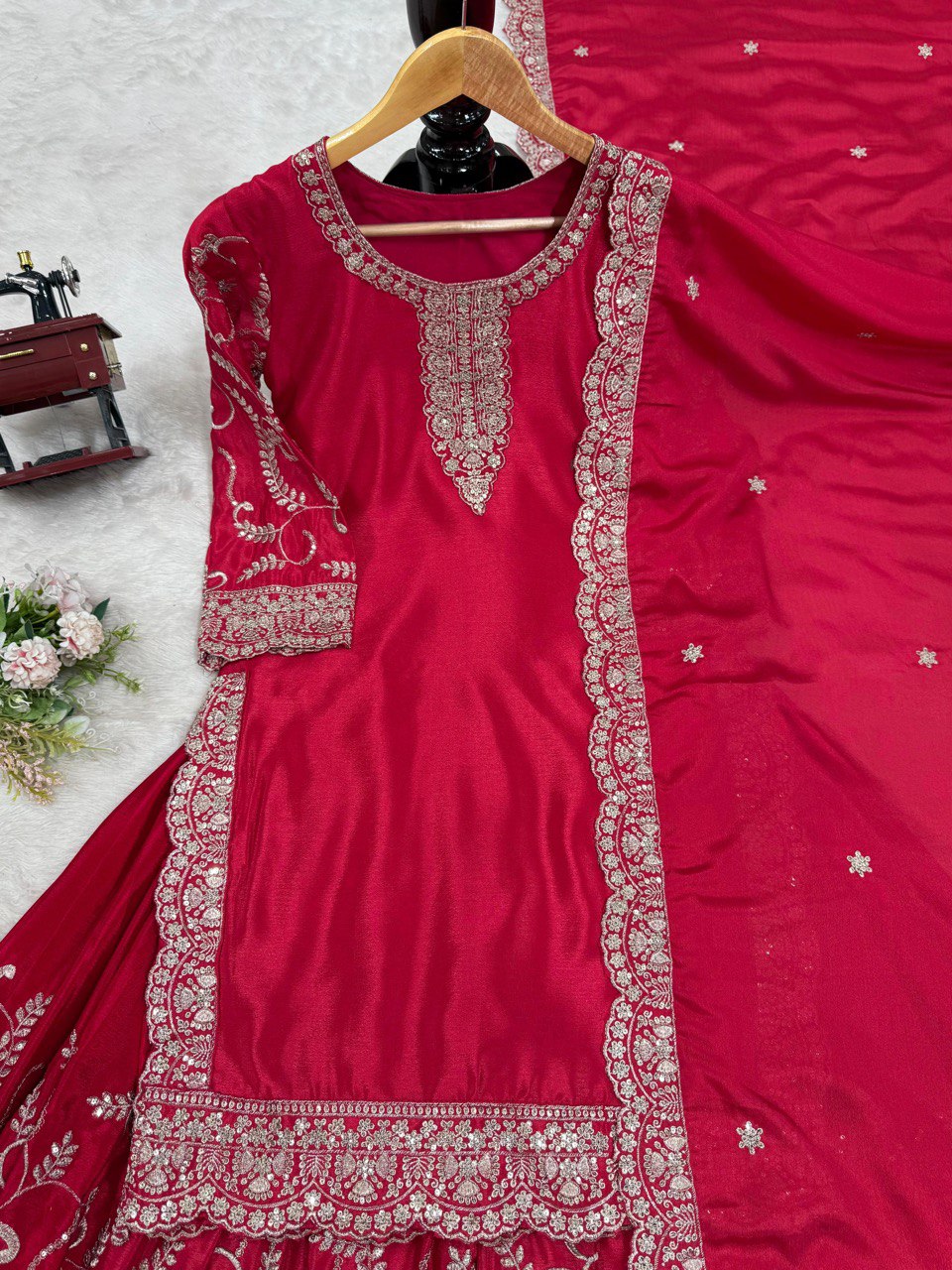 Elegant Red Color Chinon Silk Sharara Suit