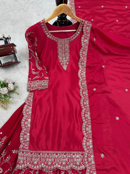 Elegant Red Color Chinon Silk Sharara Suit
