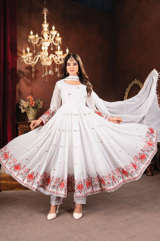 Delightful Embroidered Work White Color Gown