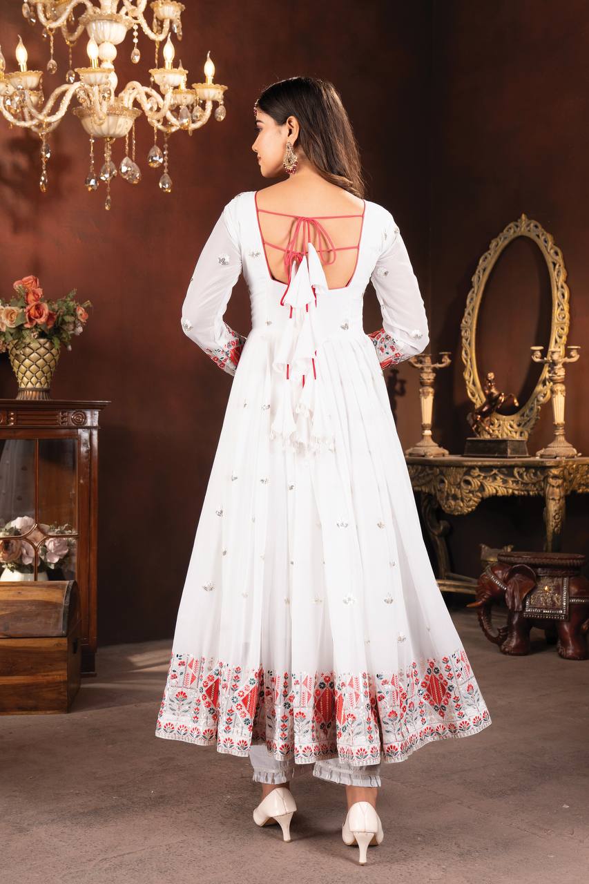 Delightful Embroidered Work White Color Gown