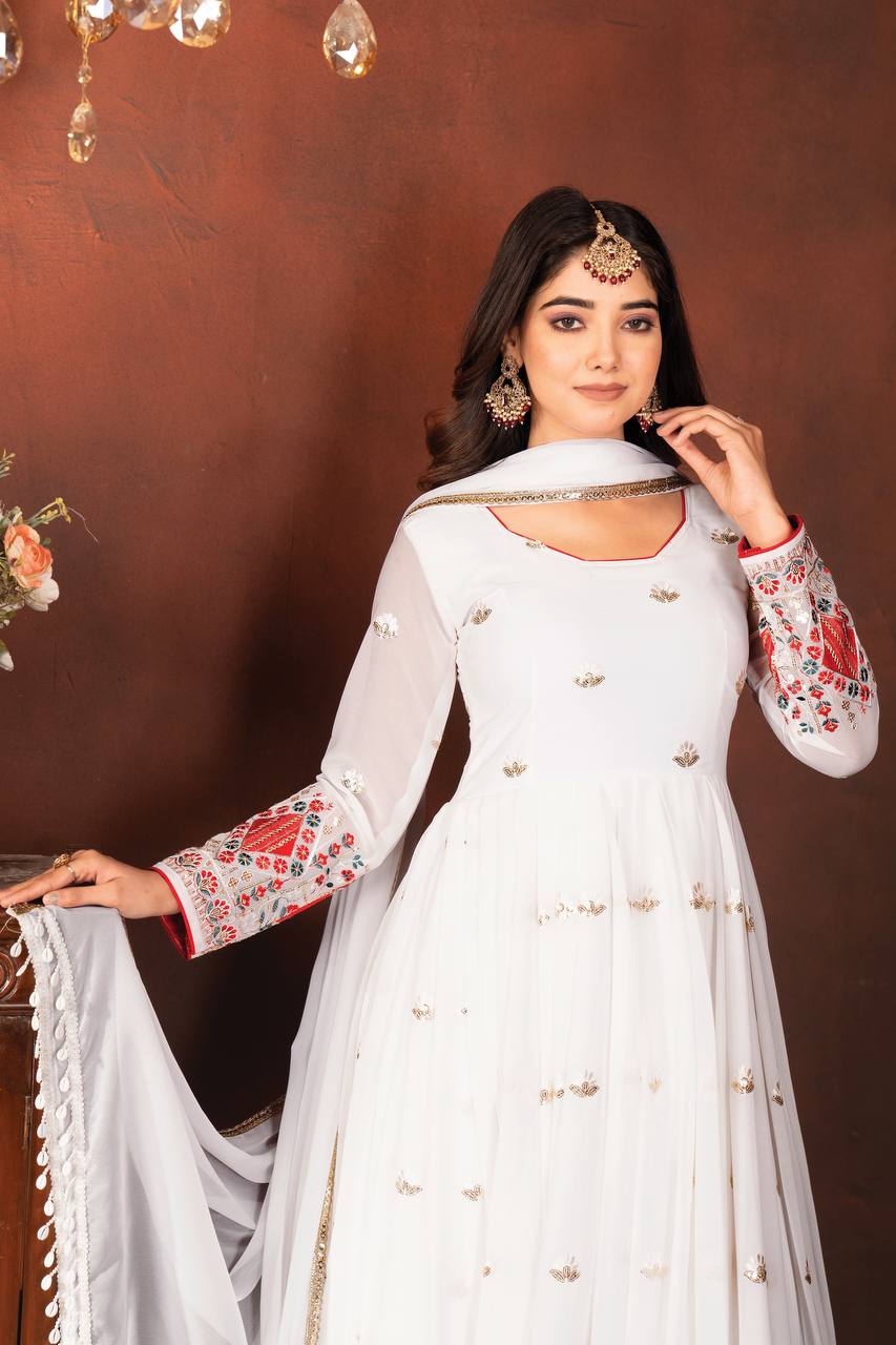 Delightful Embroidered Work White Color Gown