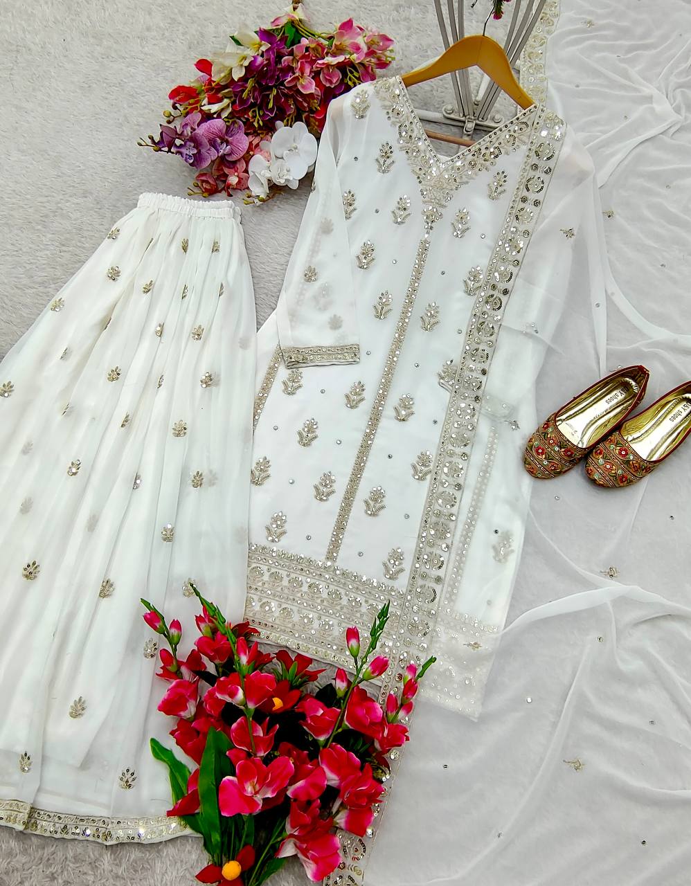 Superhit White Color Georgette Embroidery Work Sharara Suit