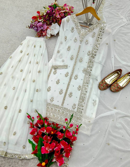 Superhit White Color Georgette Embroidery Work Sharara Suit