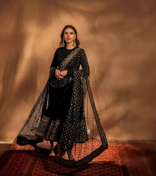 Glossy Georgette Sequence Work Black Color Gown