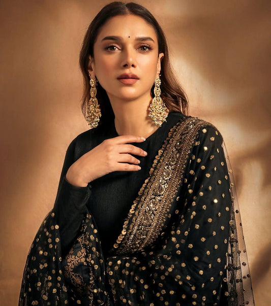 Glossy Georgette Sequence Work Black Color Gown