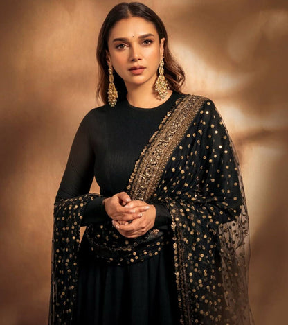 Glossy Georgette Sequence Work Black Color Gown