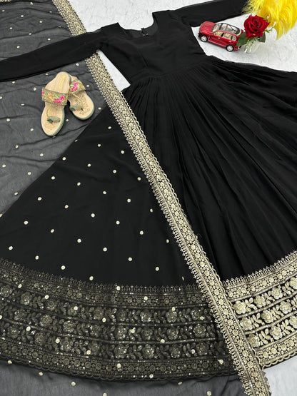 Glossy Georgette Sequence Work Black Color Gown