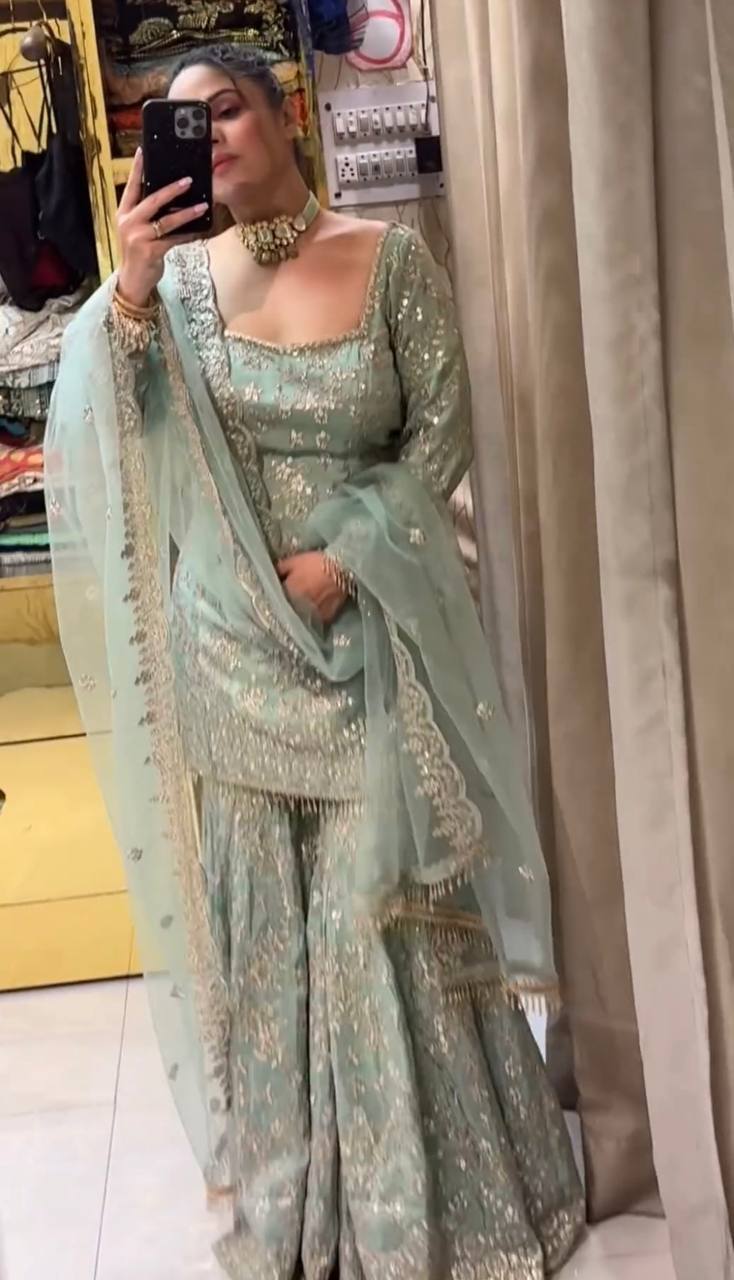 Wonderful Aqua Green Color Embroidery Work Sharara Suit