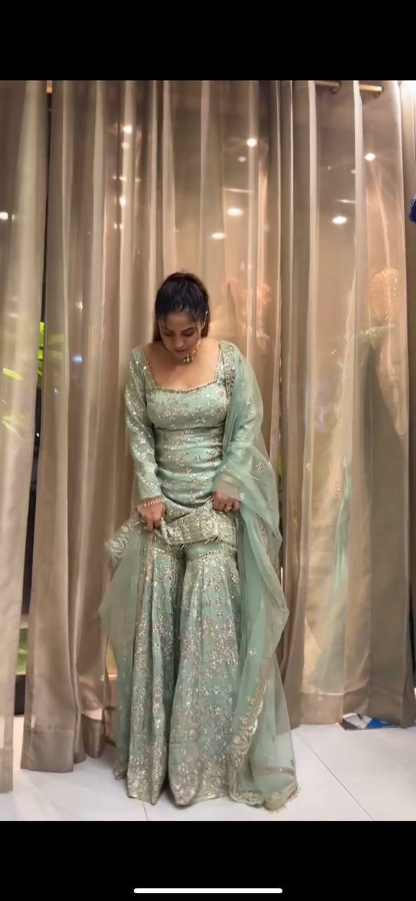 Wonderful Aqua Green Color Embroidery Work Sharara Suit