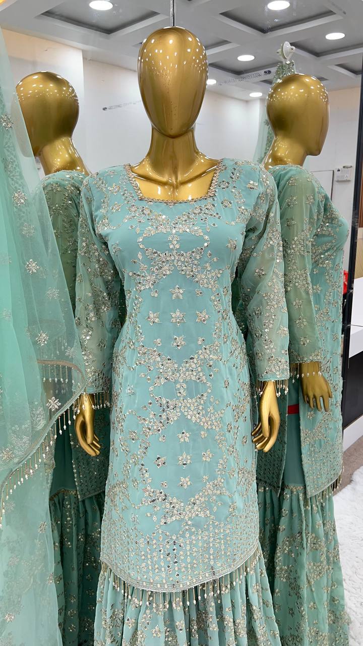 Wonderful Aqua Green Color Embroidery Work Sharara Suit