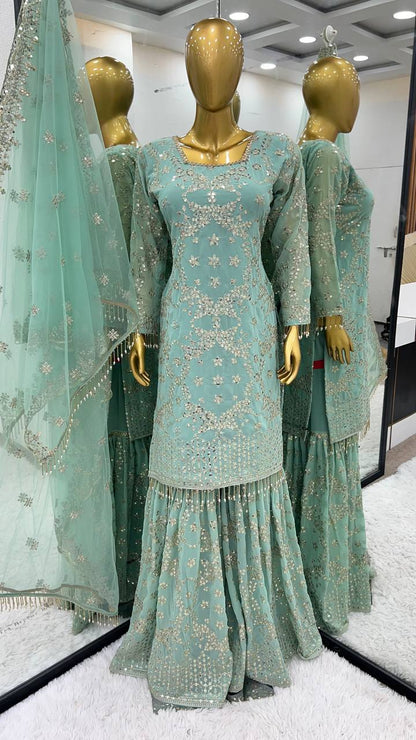 Wonderful Aqua Green Color Embroidery Work Sharara Suit